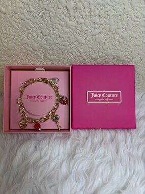 Juicy Couture Gold Charm Bracelet Strawberry Key Heart Pink Gift Box NWT